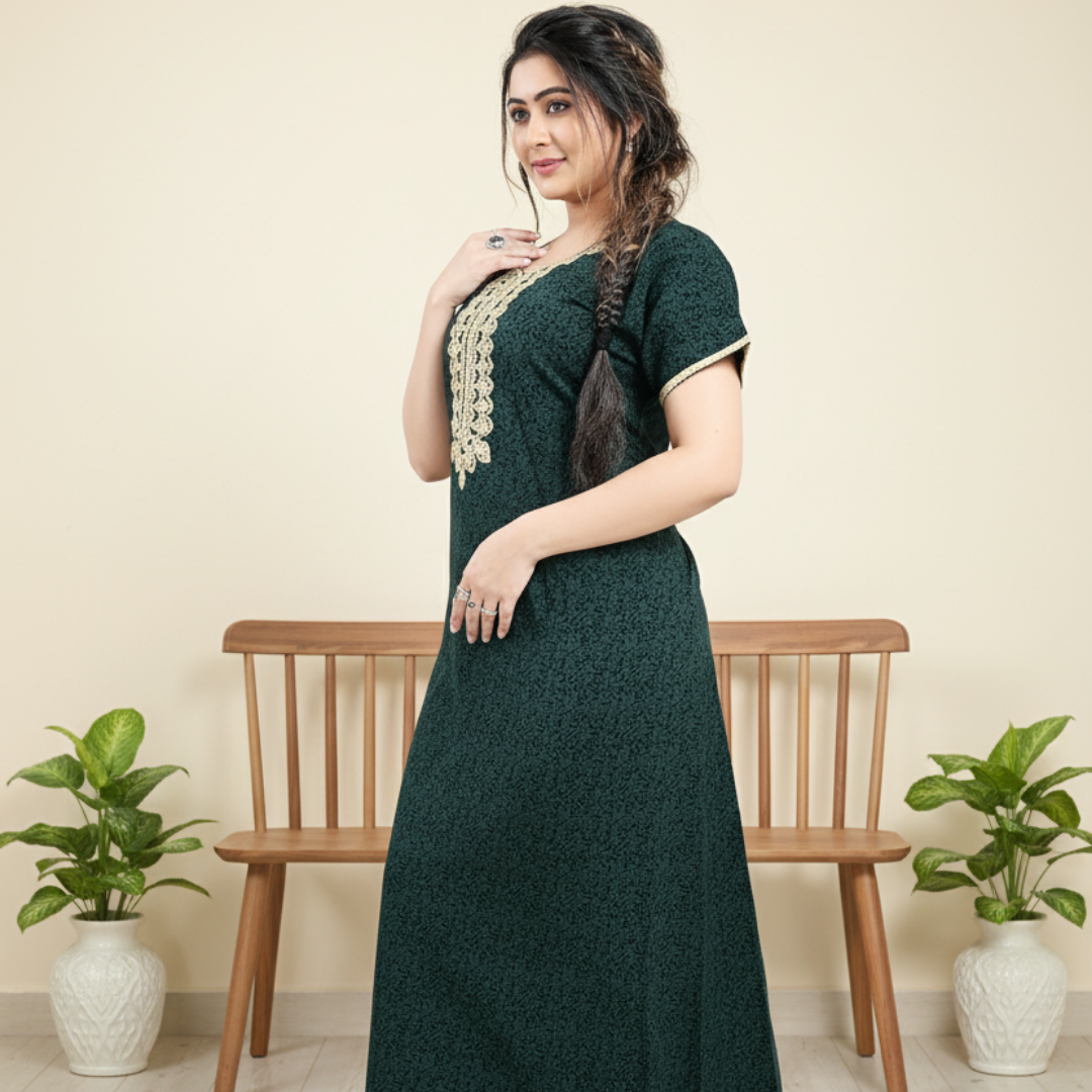 Zairra Embroidered Cotton Maxi Nighty for Women – Deep Green