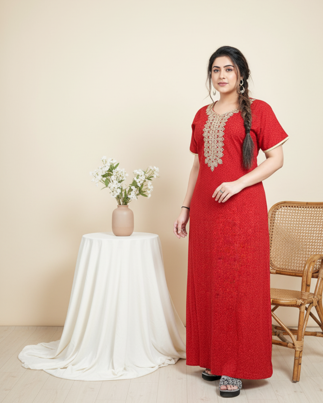 Zairra Red Embroidered Cotton Nighty for Women