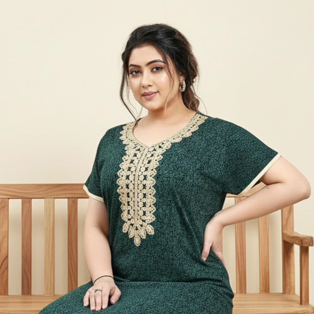 Zairra Embroidered Cotton Maxi Nighty for Women – Deep Green