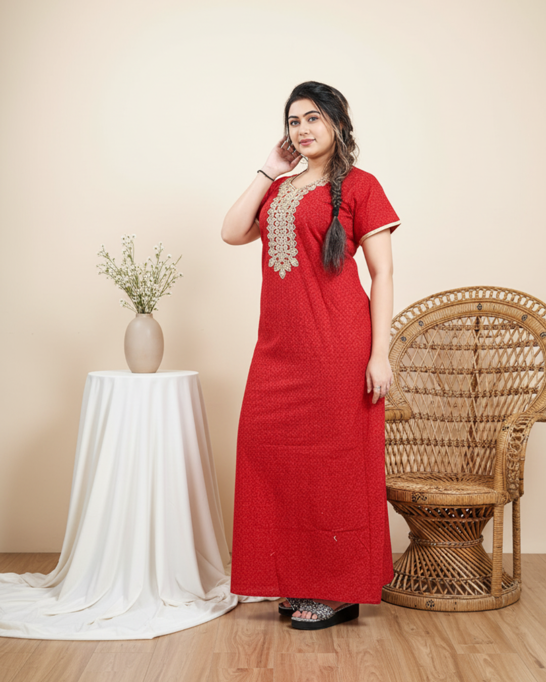 Zairra Red Embroidered Cotton Nighty for Women