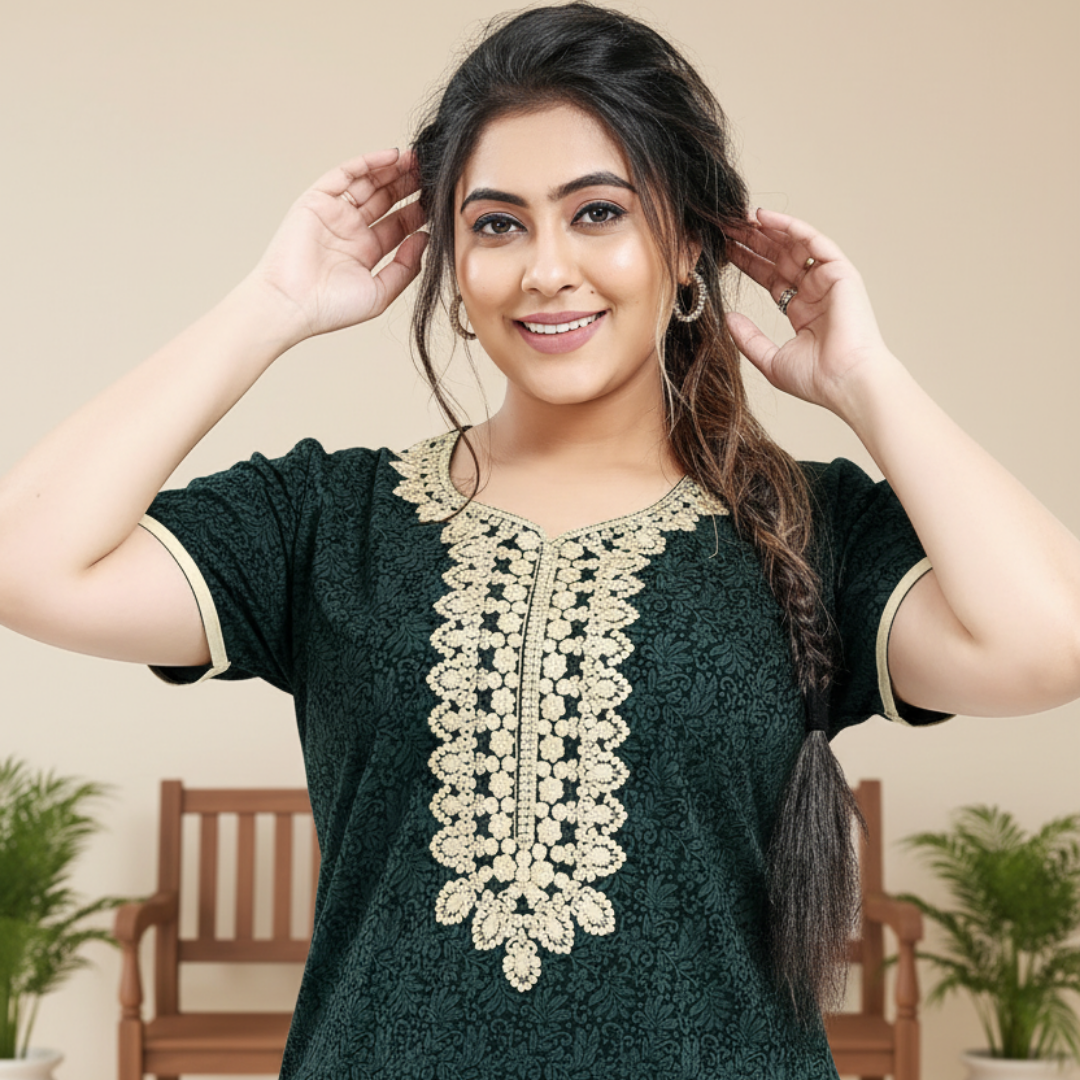 Zairra Embroidered Cotton Maxi Nighty for Women – Deep Green