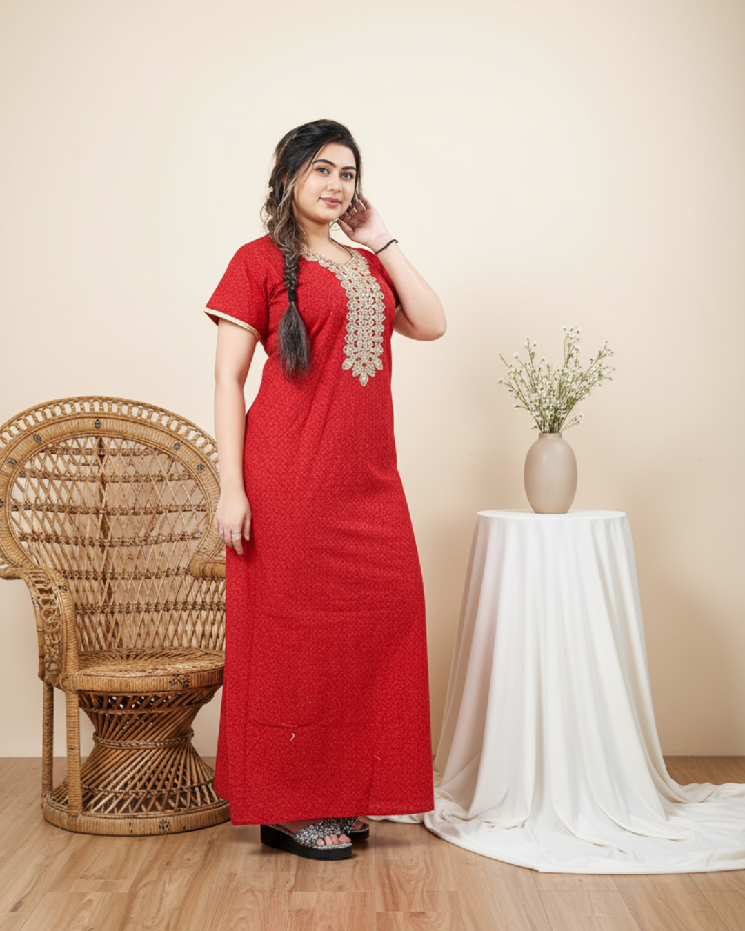 Zairra Red Embroidered Cotton Nighty for Women