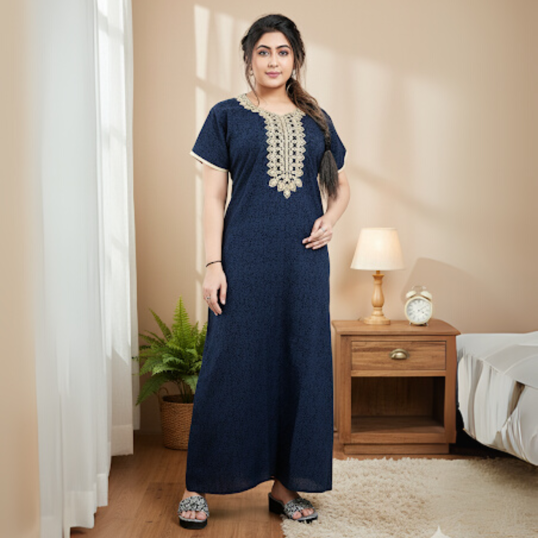 Zairra Blue Embroidered Cotton Nighty for Women – Soft Cotton, Maxi Fit