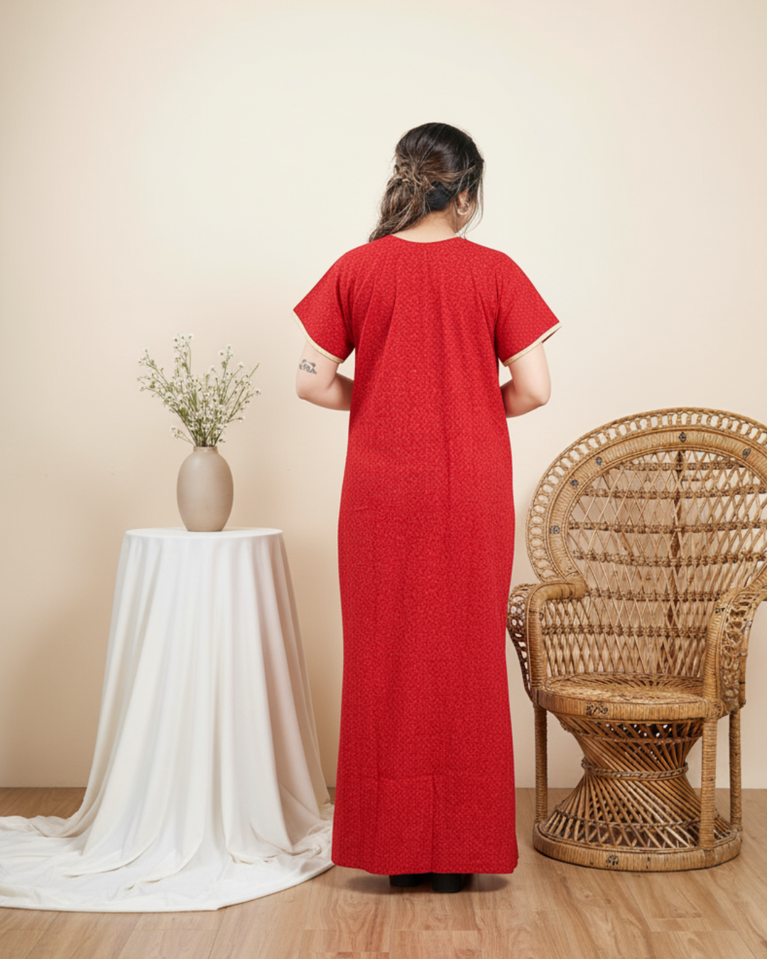 Zairra Red Embroidered Cotton Nighty for Women