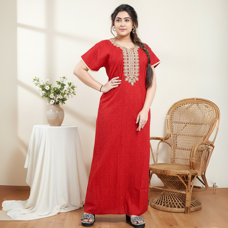 Zairra Red Embroidered Cotton Nighty for Women