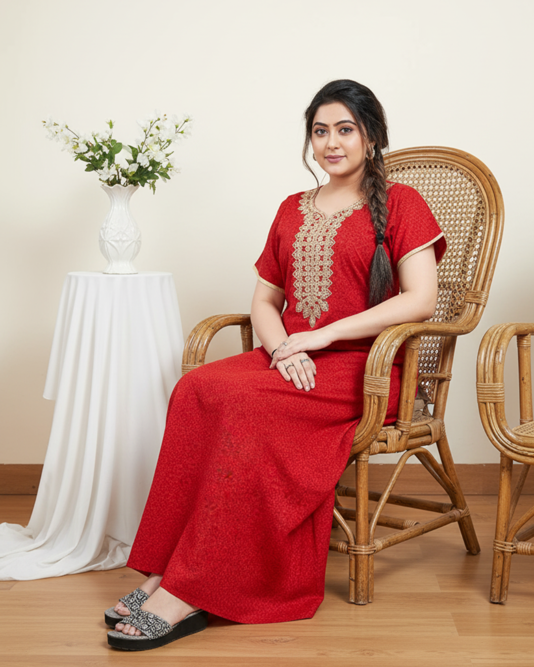 Zairra Red Embroidered Cotton Nighty for Women