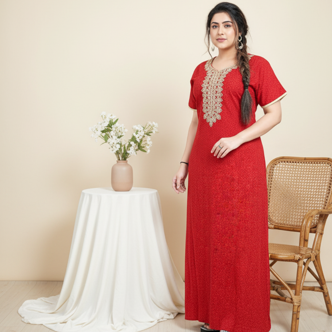 Zairra Red Embroidered Cotton Nighty for Women