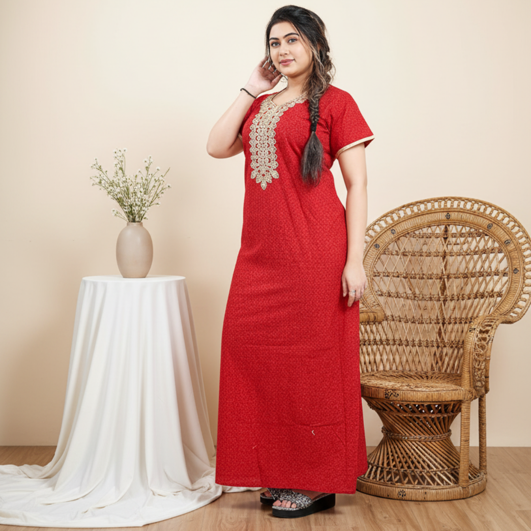 Zairra Red Embroidered Cotton Nighty for Women