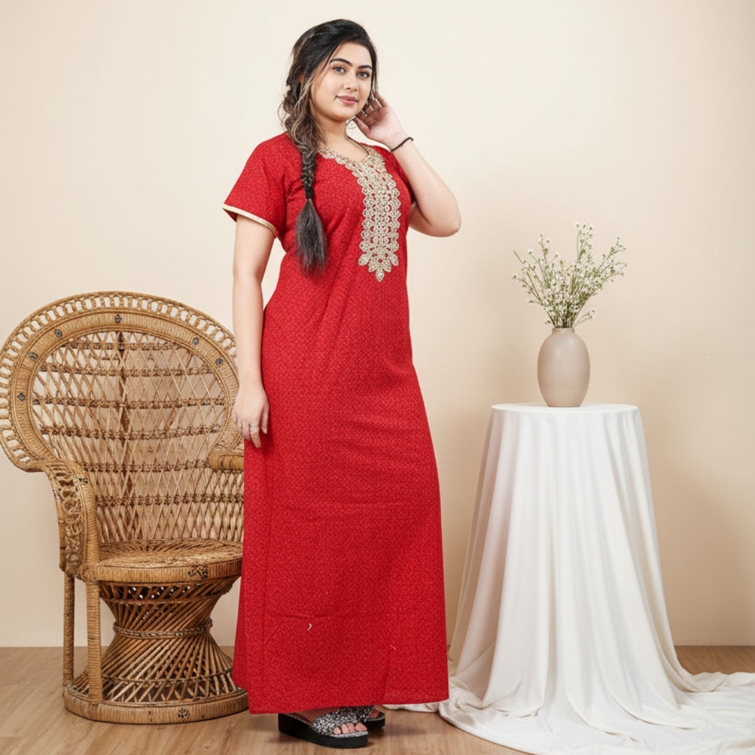 Zairra Red Embroidered Cotton Nighty for Women
