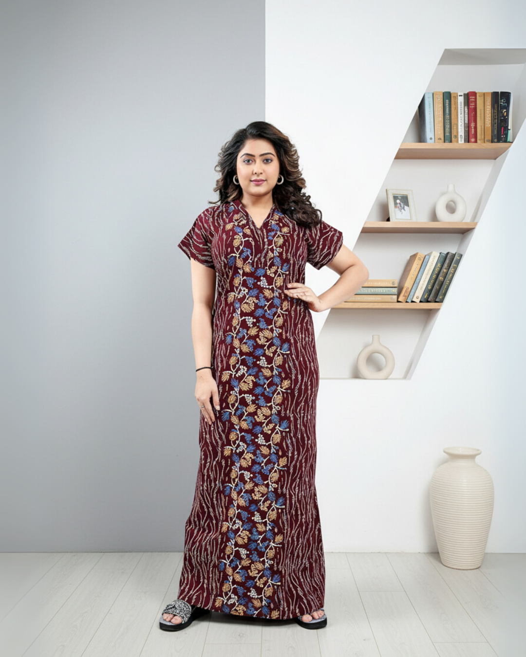 Zairra Brown Printed Cotton Nighty for Women – Front Zipper, Maxi Fit, Soft Cotton