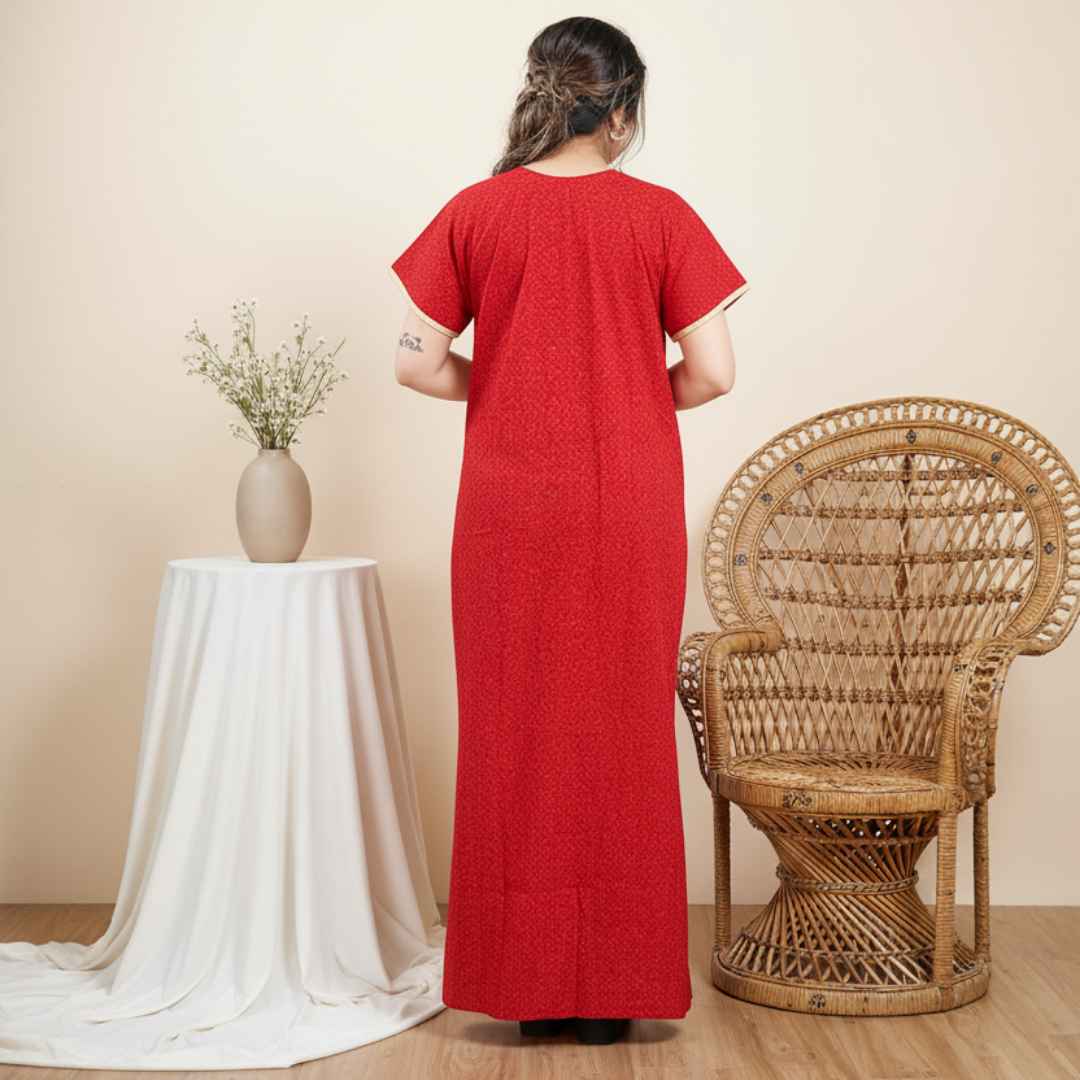 Zairra Red Embroidered Cotton Nighty for Women