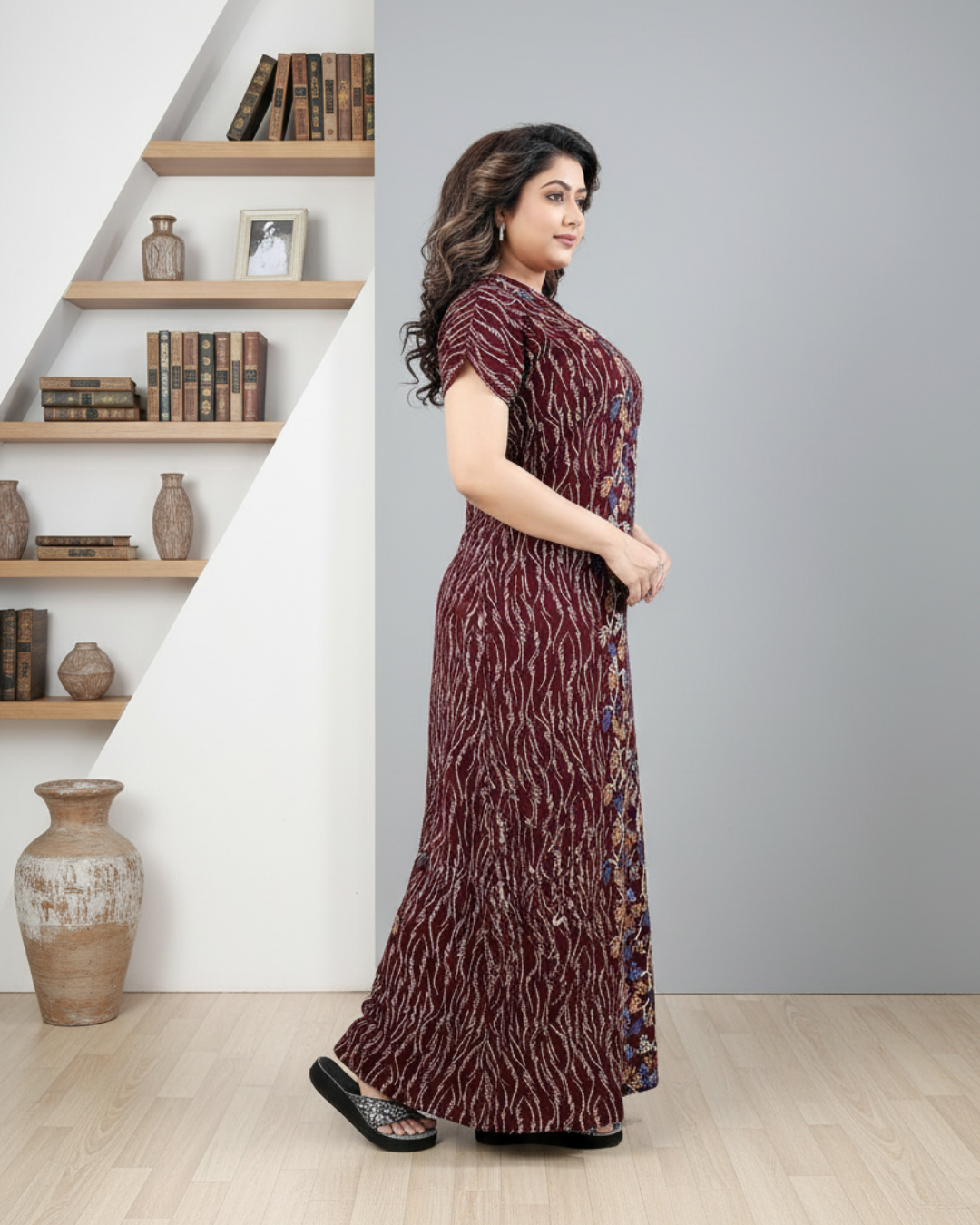 Zairra Brown Printed Cotton Nighty for Women – Front Zipper, Maxi Fit, Soft Cotton