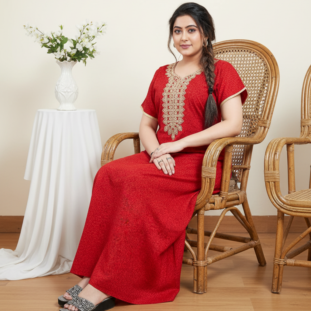 Zairra Red Embroidered Cotton Nighty for Women