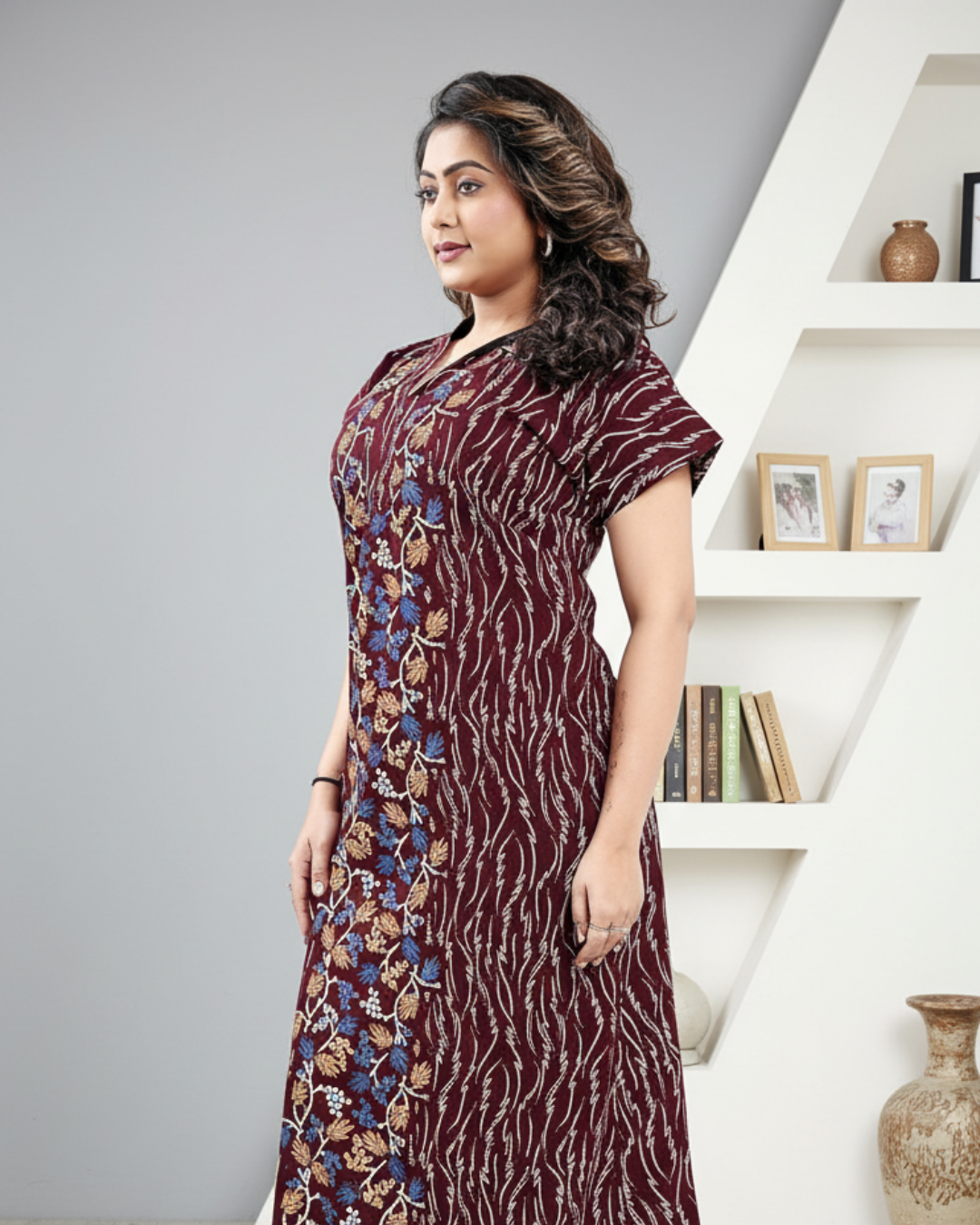 Zairra Brown Printed Cotton Nighty for Women – Front Zipper, Maxi Fit, Soft Cotton