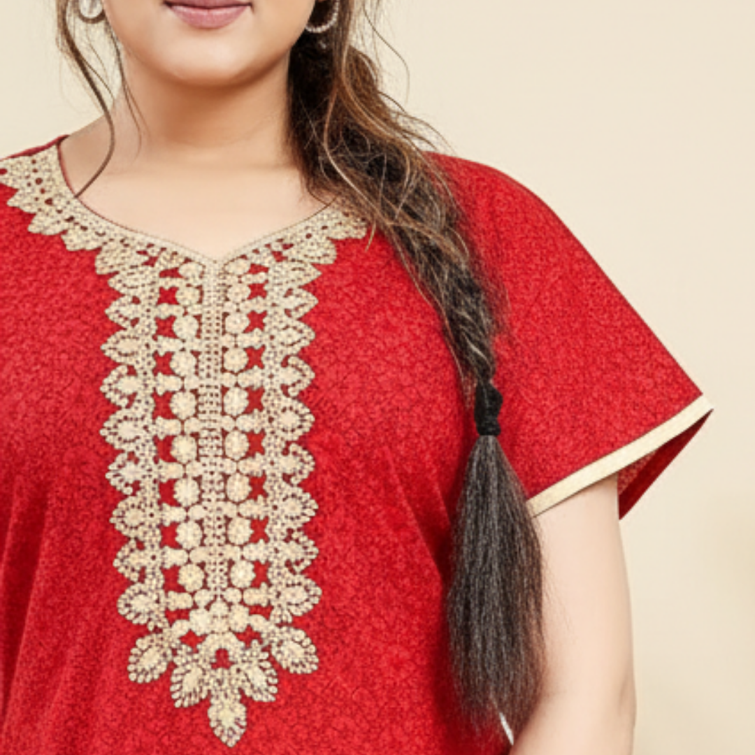 Zairra Red Embroidered Cotton Nighty for Women