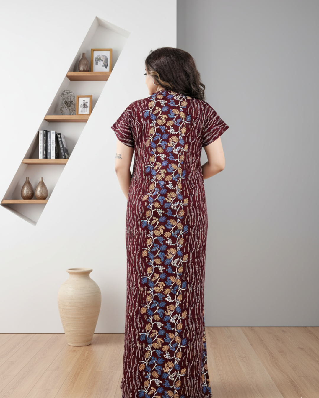 Zairra Brown Printed Cotton Nighty for Women – Front Zipper, Maxi Fit, Soft Cotton