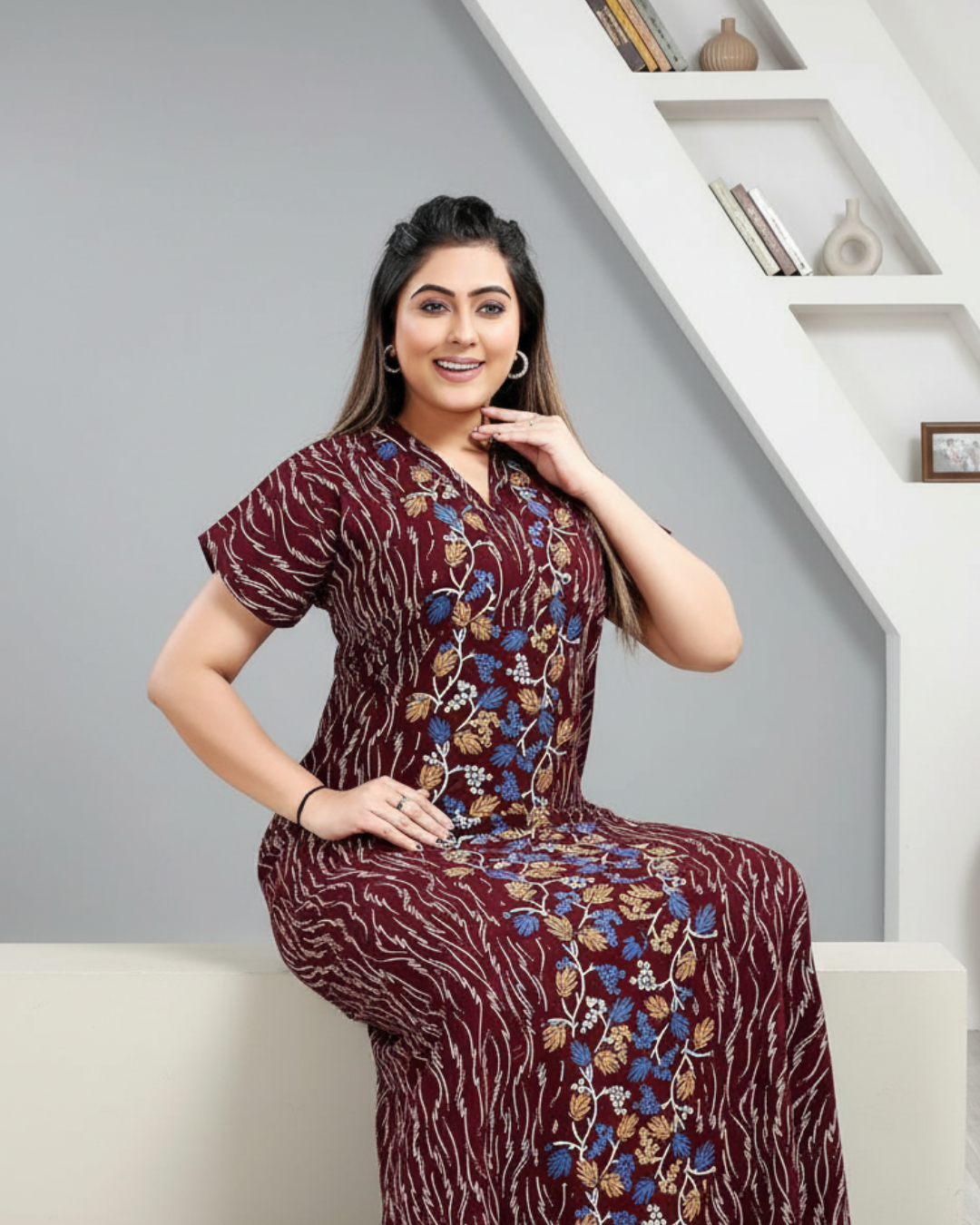 Zairra Brown Printed Cotton Nighty for Women – Front Zipper, Maxi Fit, Soft Cotton