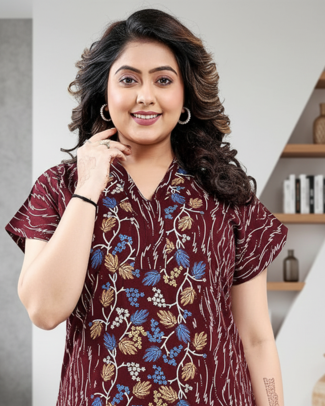 Zairra Brown Printed Cotton Nighty for Women – Front Zipper, Maxi Fit, Soft Cotton