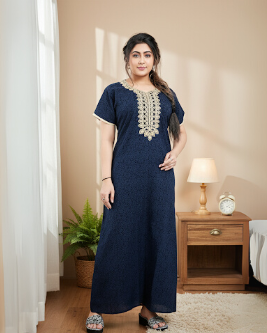 Zairra Blue Embroidered Cotton Nighty for Women – Soft Cotton, Maxi Fit