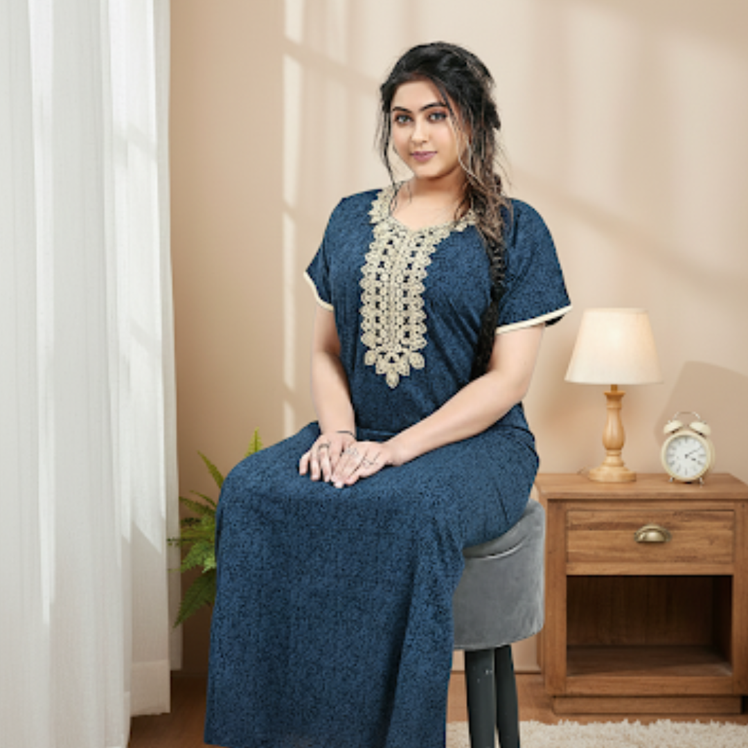 Zairra Blue Embroidered Cotton Nighty for Women – Soft Cotton, Maxi Fit
