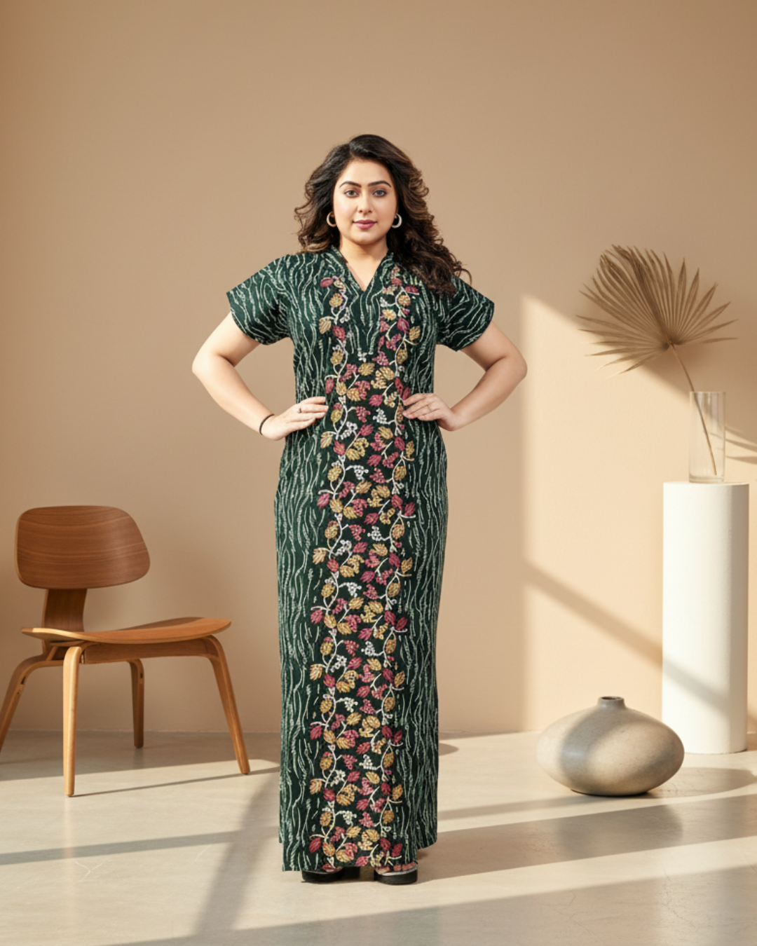 Zairra Green Printed Cotton Nighty for Women – Front Zipper, Relaxed Maxi Fit