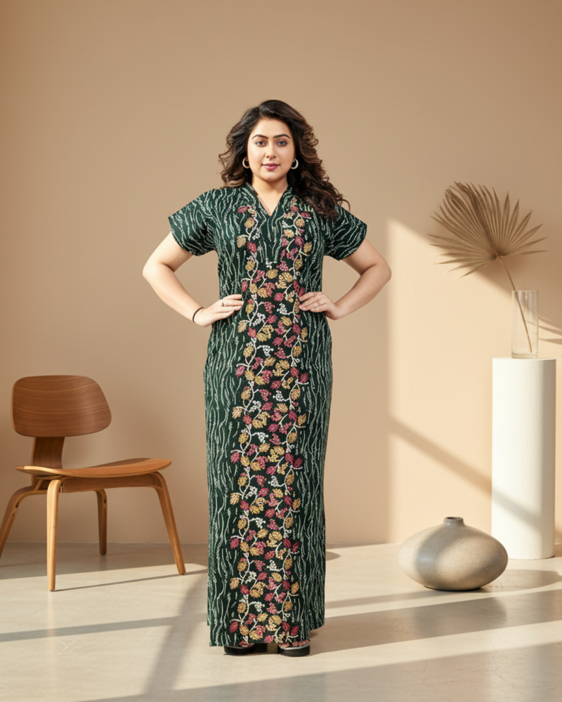 Zairra Green Printed Cotton Nighty for Women – Front Zipper, Relaxed Maxi Fit
