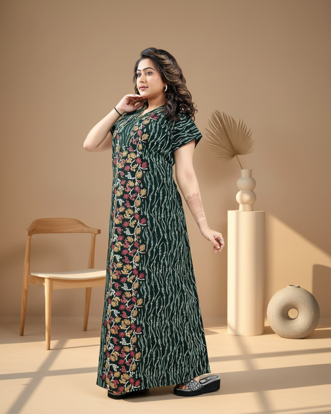 Zairra Green Printed Cotton Nighty for Women – Front Zipper, Relaxed Maxi Fit