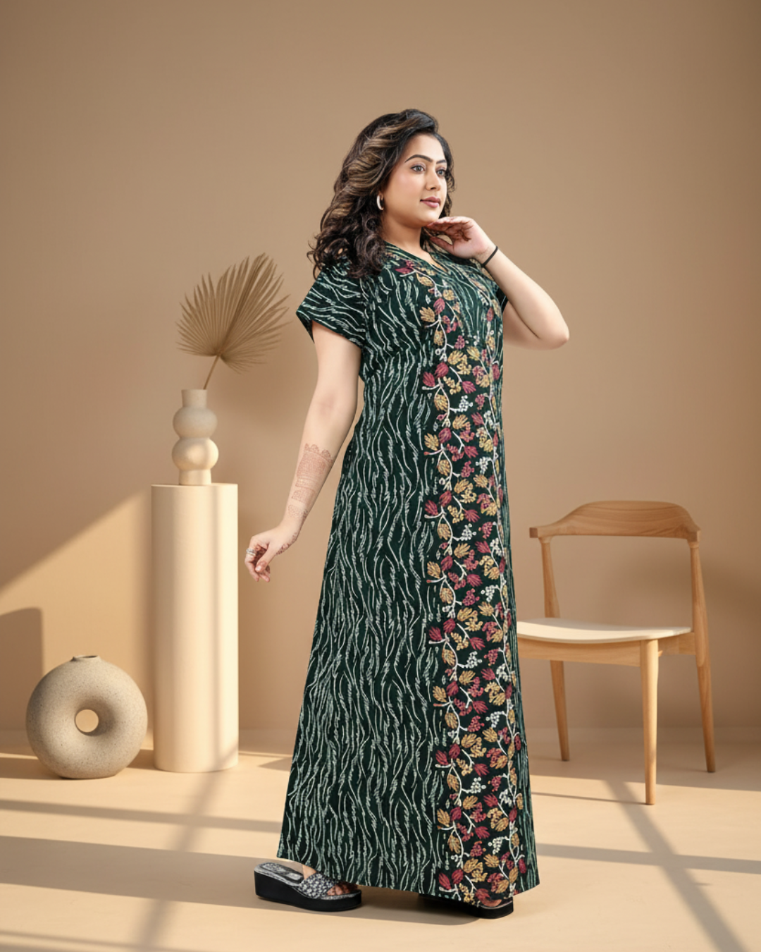 Zairra Green Printed Cotton Nighty for Women – Front Zipper, Relaxed Maxi Fit