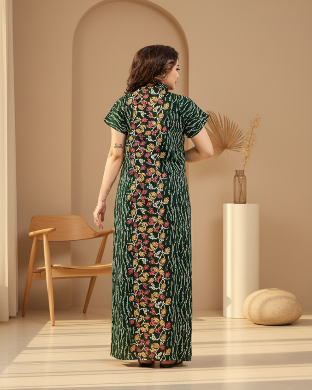 Zairra Green Printed Cotton Nighty for Women – Front Zipper, Relaxed Maxi Fit