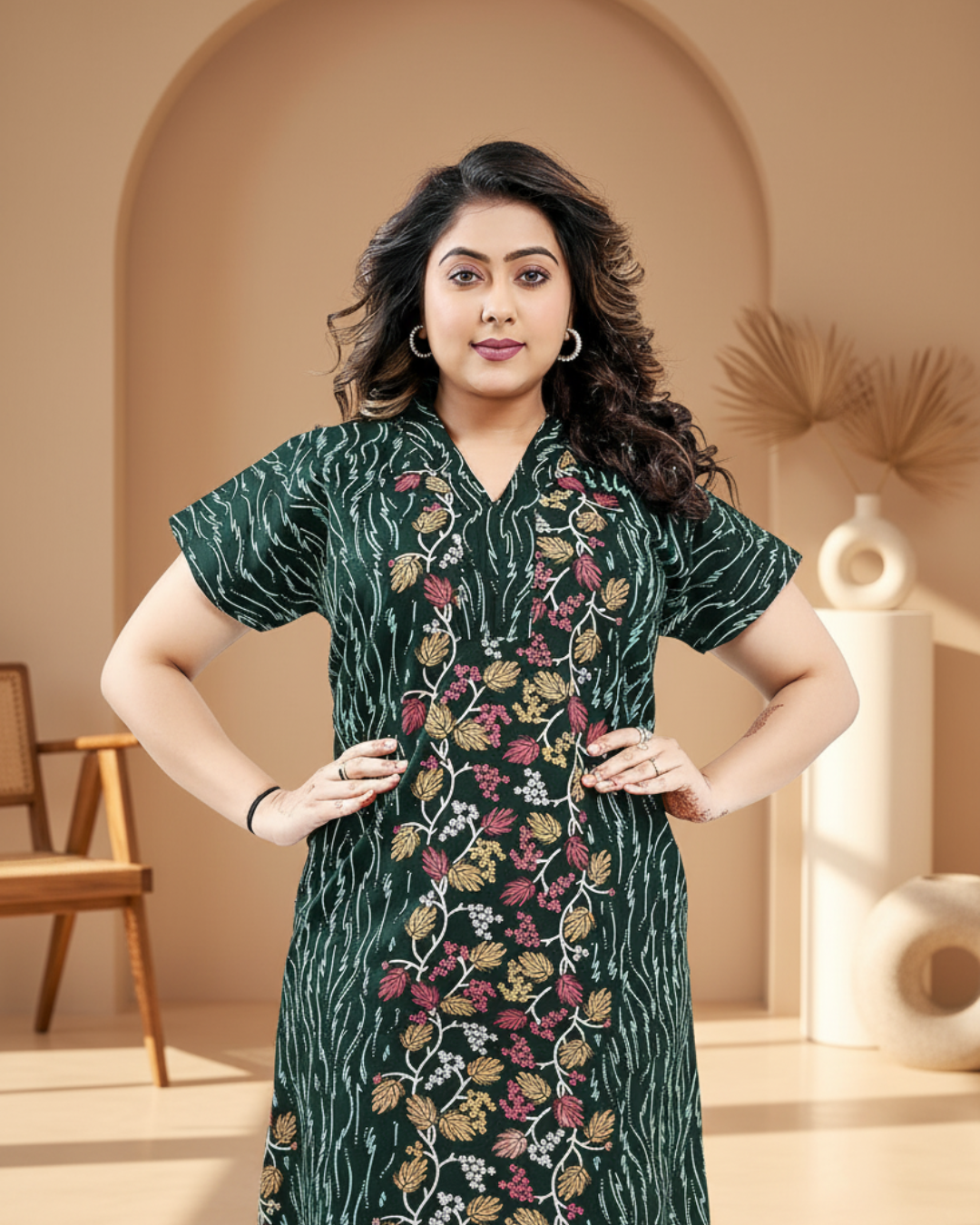 Zairra Green Printed Cotton Nighty for Women – Front Zipper, Relaxed Maxi Fit