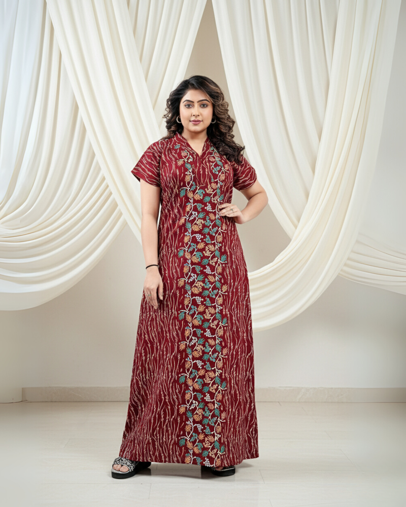 Zairra Red Cotton Nighty for Women – Front Zip, Full-Length, 100% Cotton