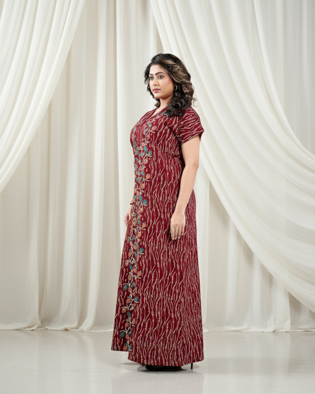 Zairra Red Cotton Nighty for Women – Front Zip, Full-Length, 100% Cotton