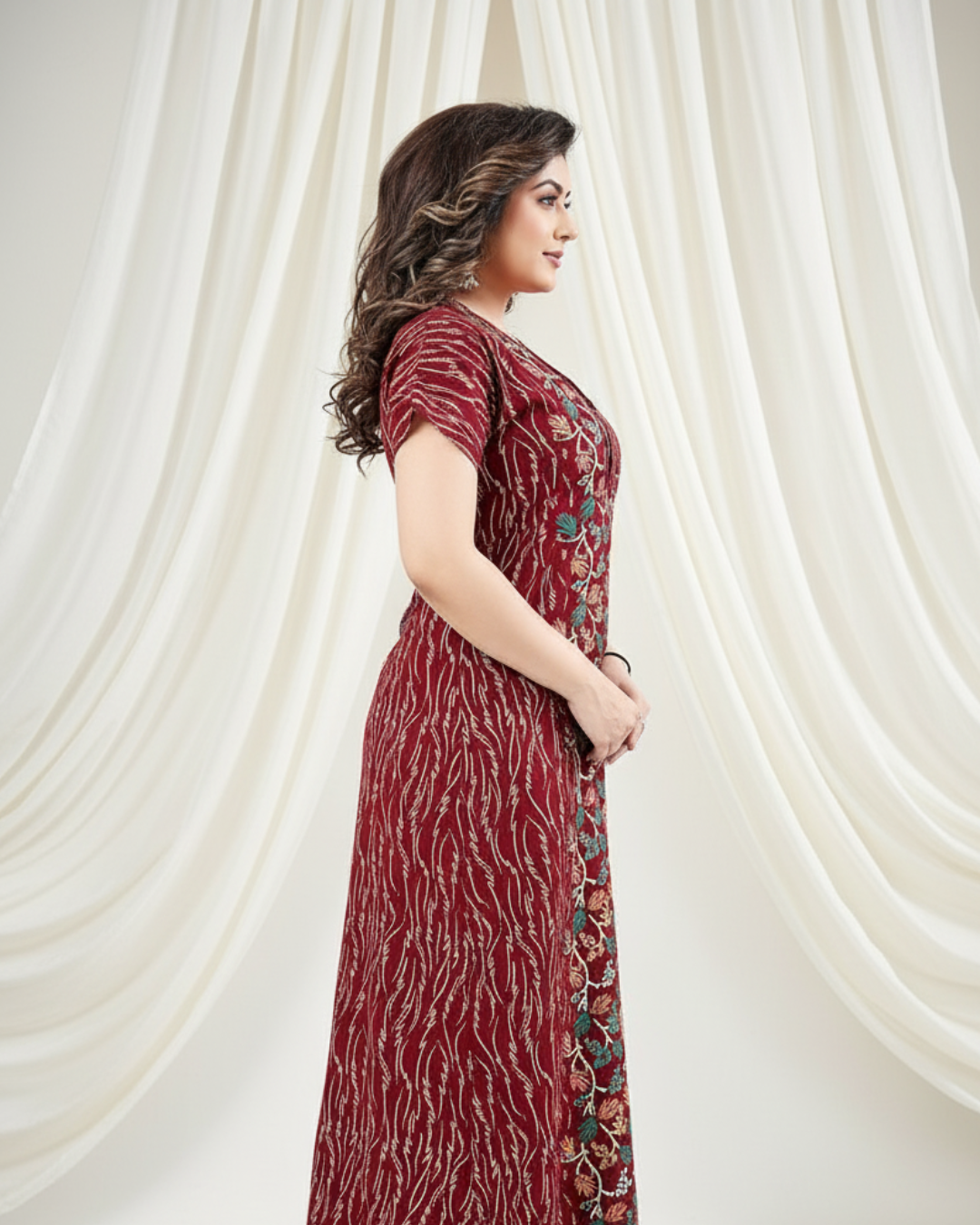 Zairra Red Cotton Nighty for Women – Front Zip, Full-Length, 100% Cotton