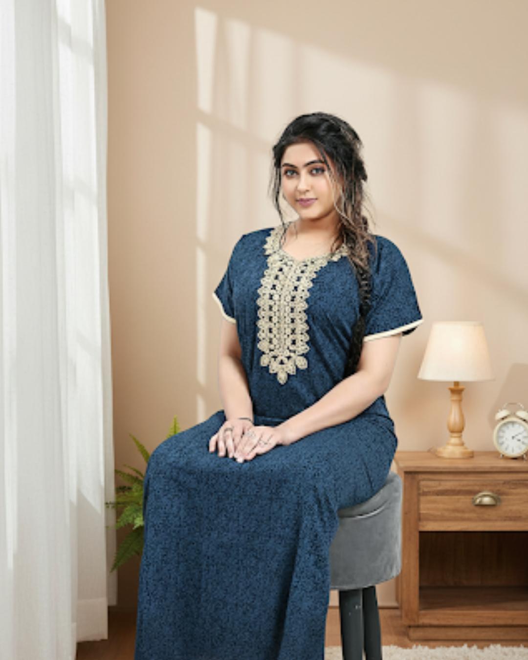 Zairra Blue Embroidered Cotton Nighty for Women – Soft Cotton, Maxi Fit