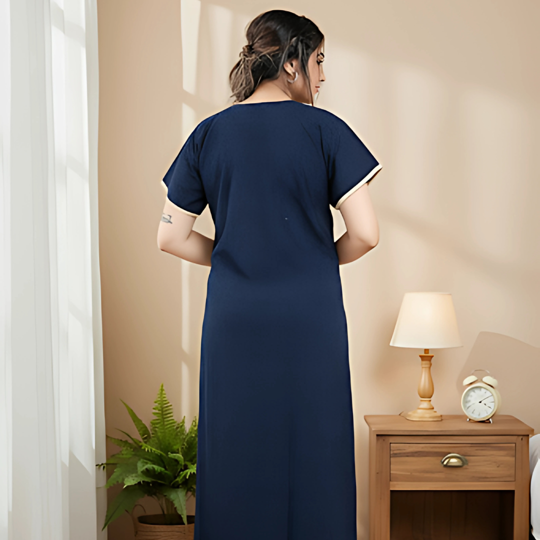 Zairra Blue Embroidered Cotton Nighty for Women – Soft Cotton, Maxi Fit
