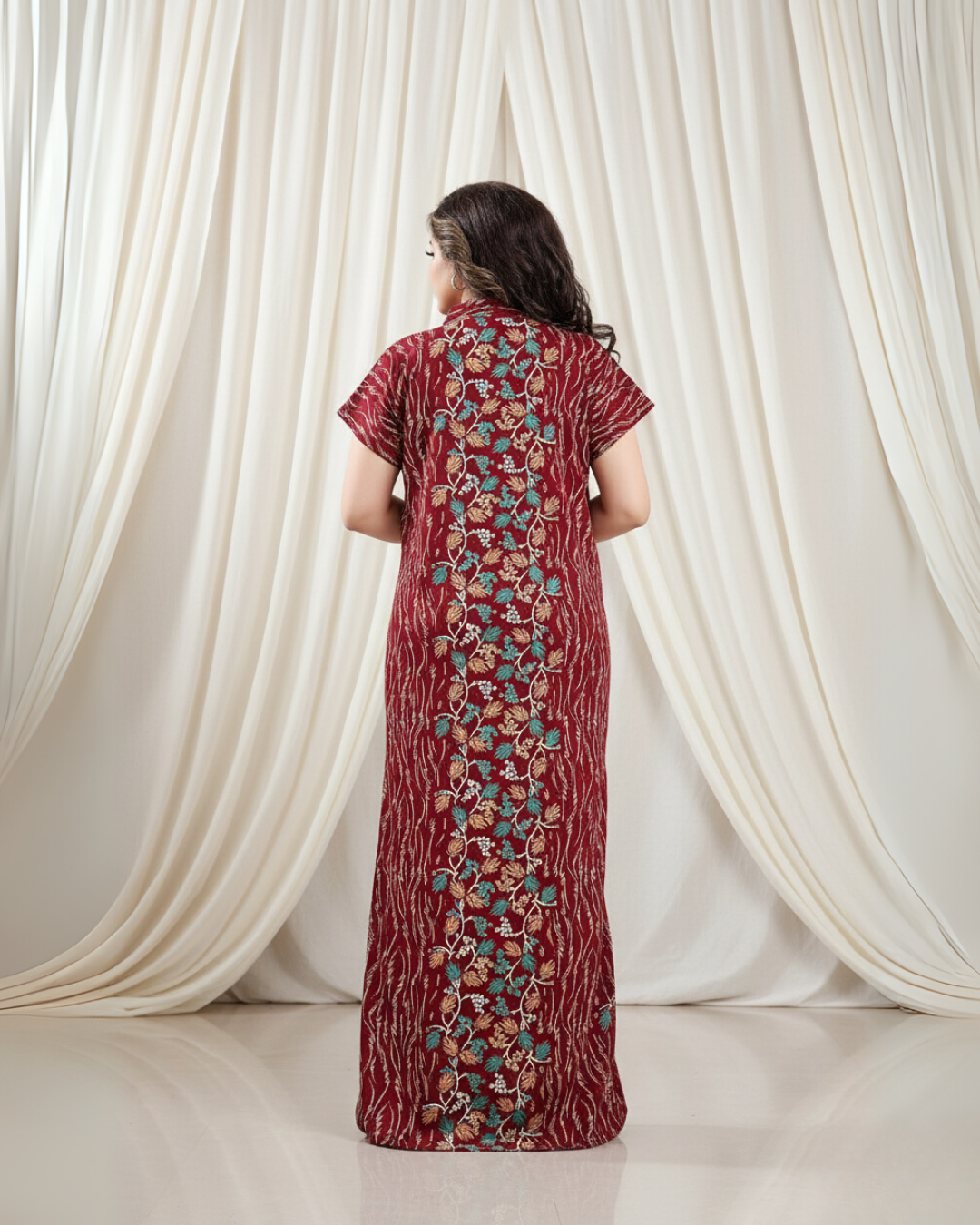 Zairra Red Cotton Nighty for Women – Front Zip, Full-Length, 100% Cotton