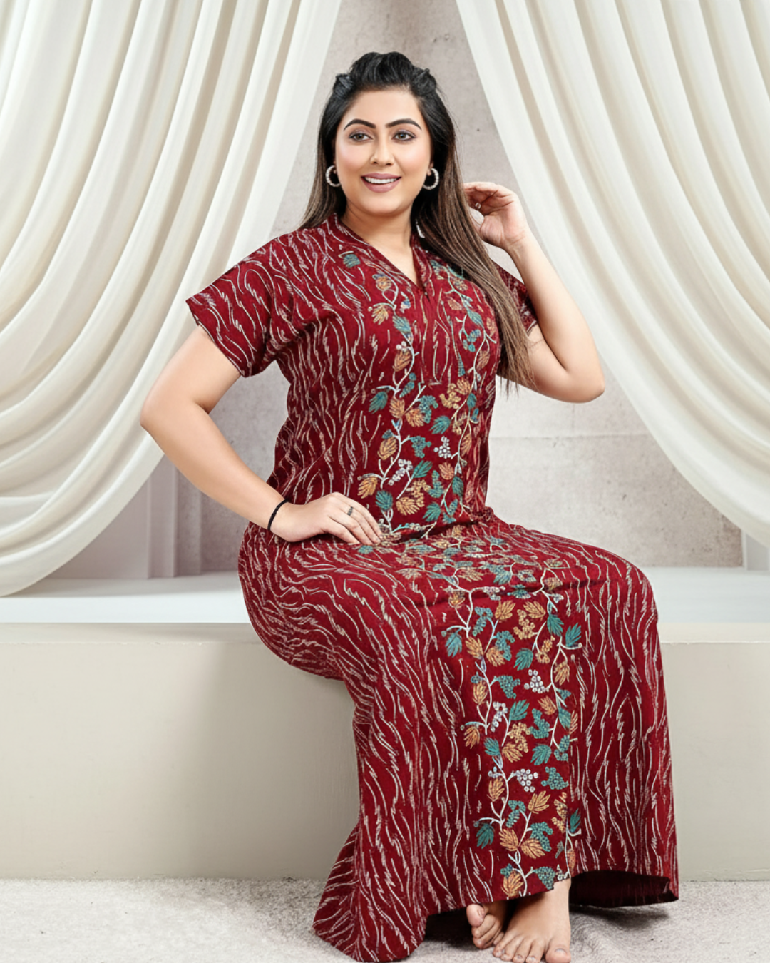 Zairra Red Cotton Nighty for Women – Front Zip, Full-Length, 100% Cotton