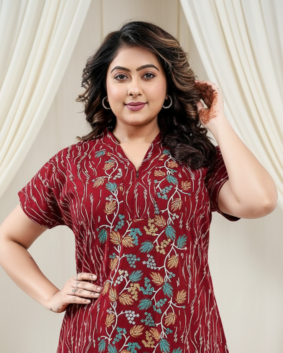 Zairra Red Cotton Nighty for Women – Front Zip, Full-Length, 100% Cotton