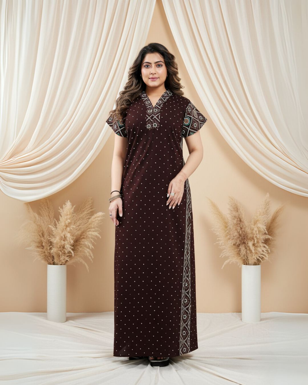 Zairra Women Cotton Nighty – Maroon with Ethnic Embroidery - Breathable Comfort for Daily Wear