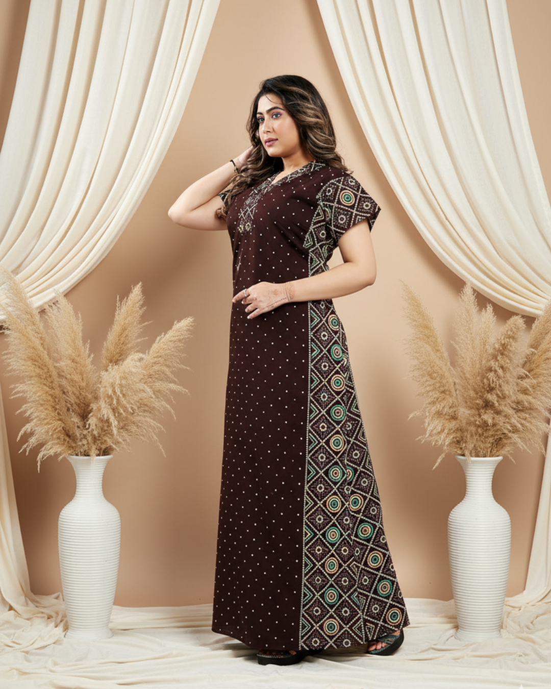 Zairra Women Cotton Nighty – Maroon with Ethnic Embroidery - Breathable Comfort for Daily Wear