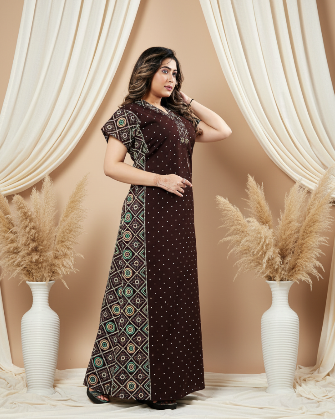 Zairra Women Cotton Nighty – Maroon with Ethnic Embroidery - Breathable Comfort for Daily Wear