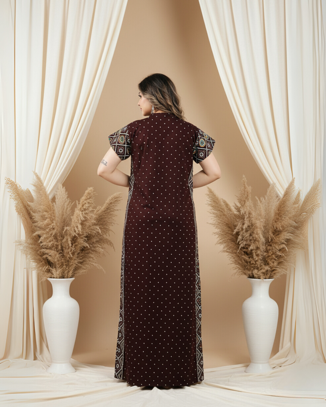 Zairra Women Cotton Nighty – Maroon with Ethnic Embroidery - Breathable Comfort for Daily Wear