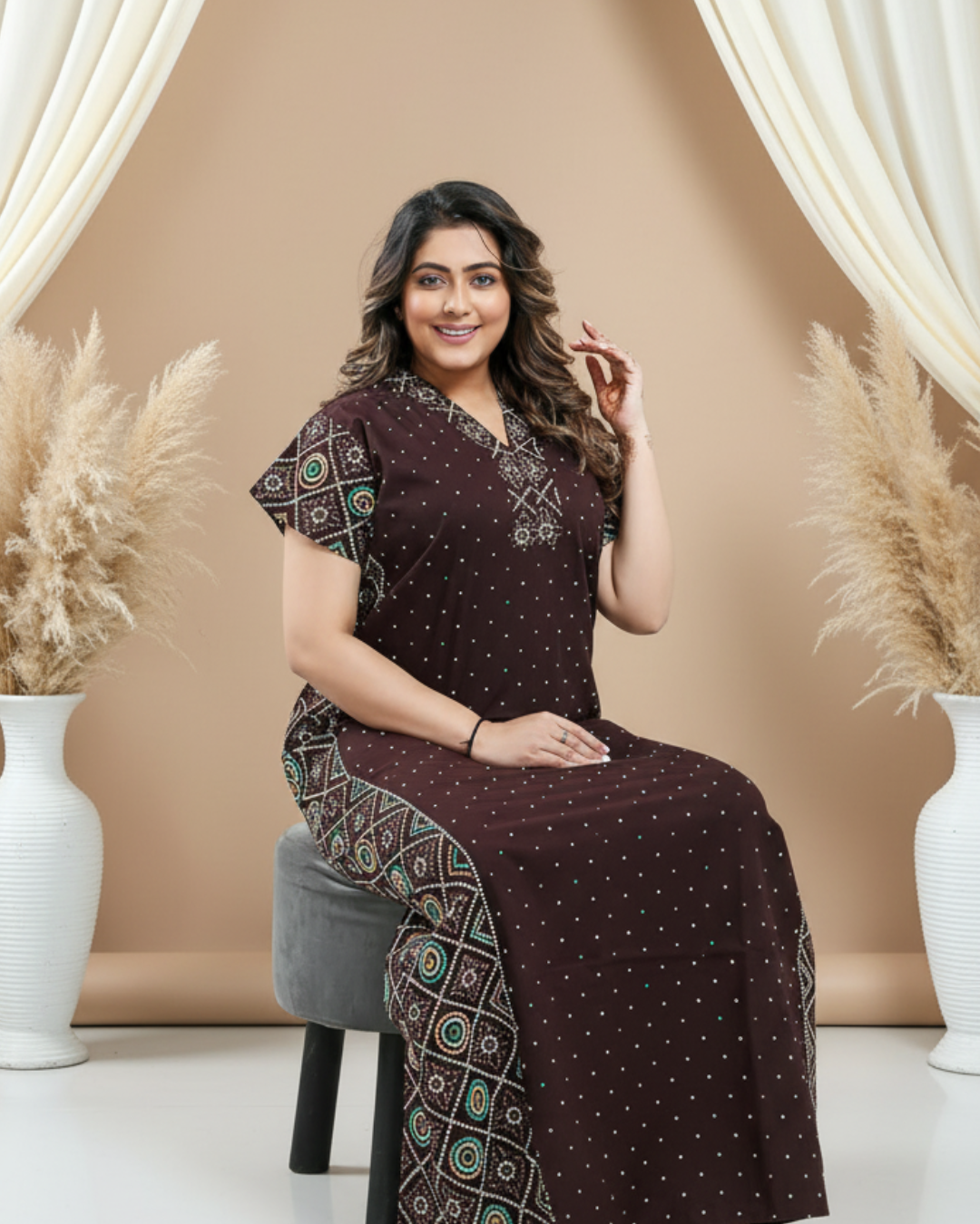 Zairra Women Cotton Nighty – Maroon with Ethnic Embroidery - Breathable Comfort for Daily Wear