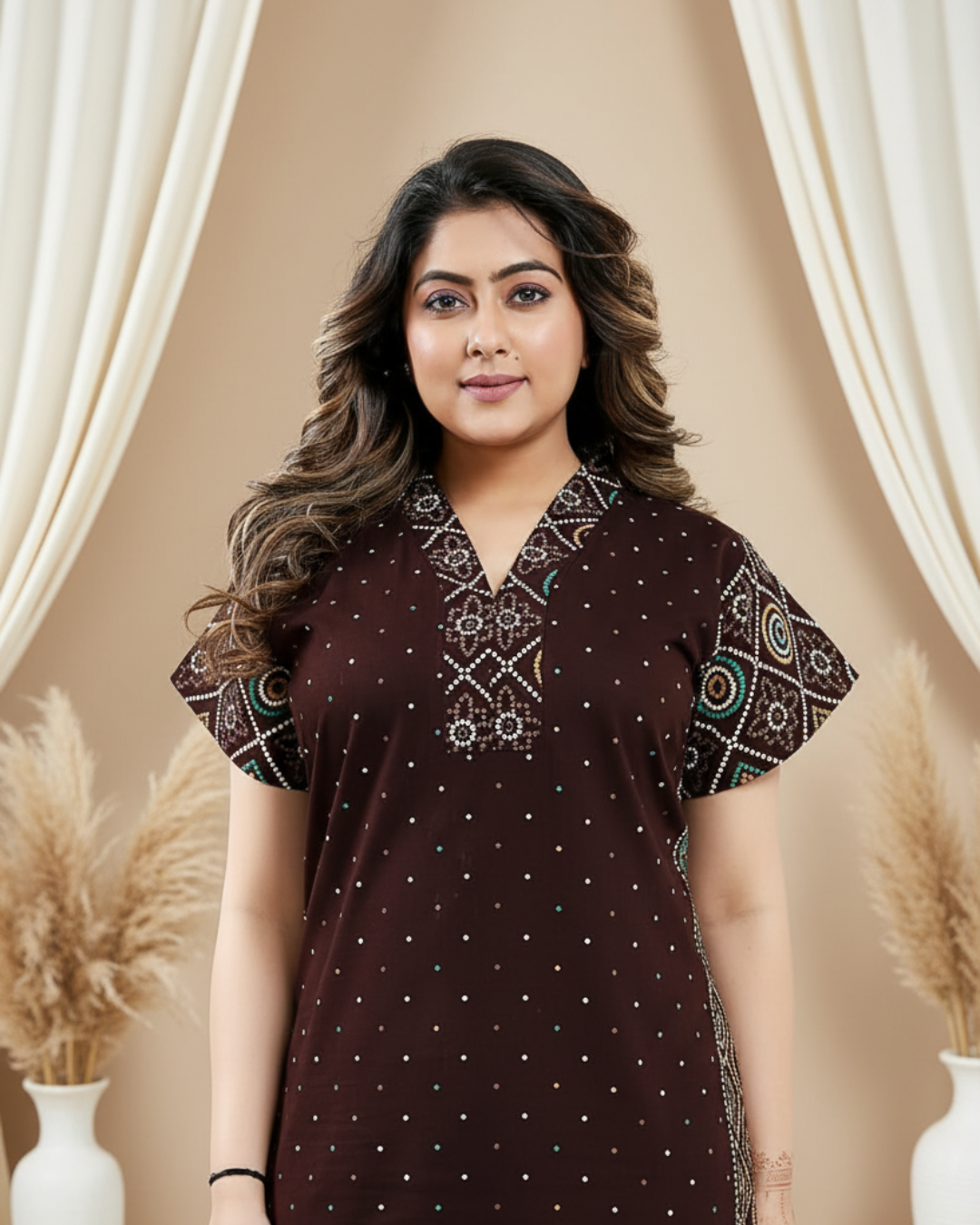 Zairra Women Cotton Nighty – Maroon with Ethnic Embroidery - Breathable Comfort for Daily Wear