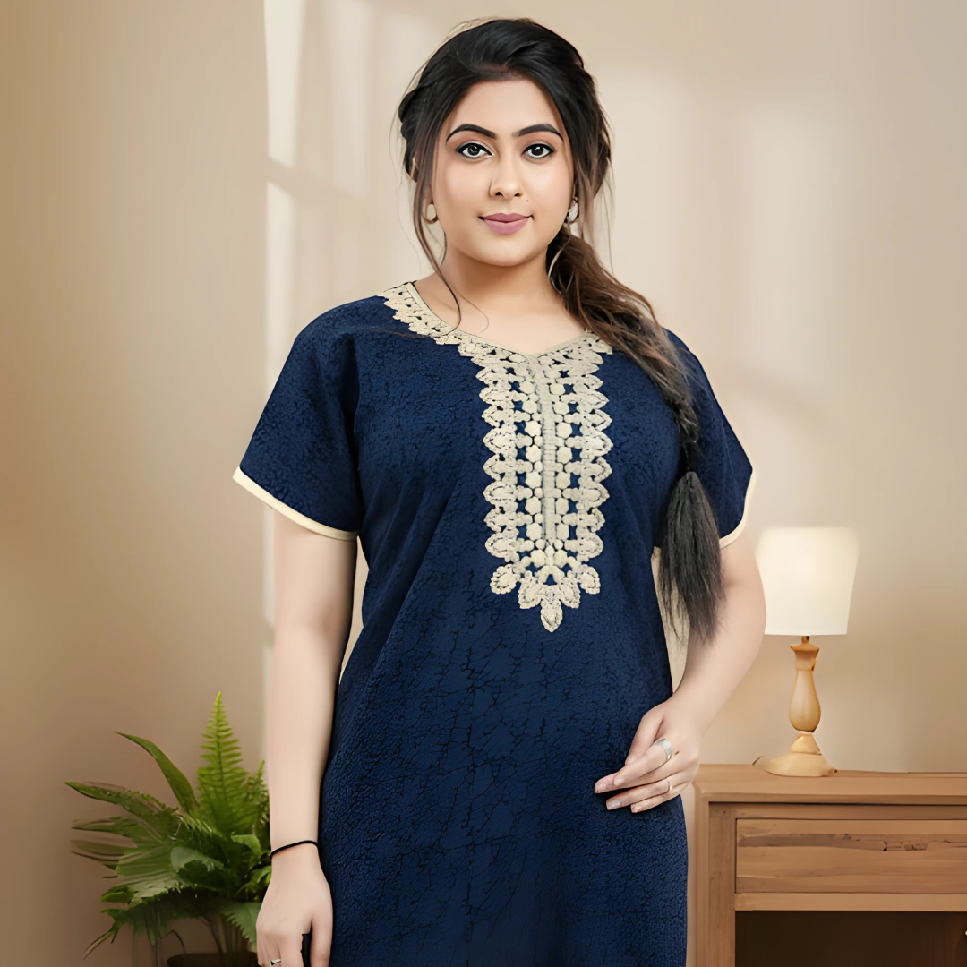 Zairra Blue Embroidered Cotton Nighty for Women – Soft Cotton, Maxi Fit