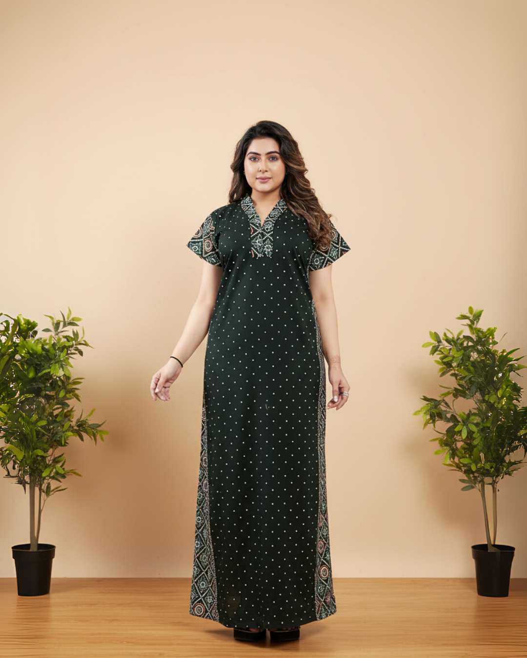 Zairra Women Cotton Nighty – Deep Green with Ethnic Border & Yoke - Breathable Pull-On Maxi Nightdress