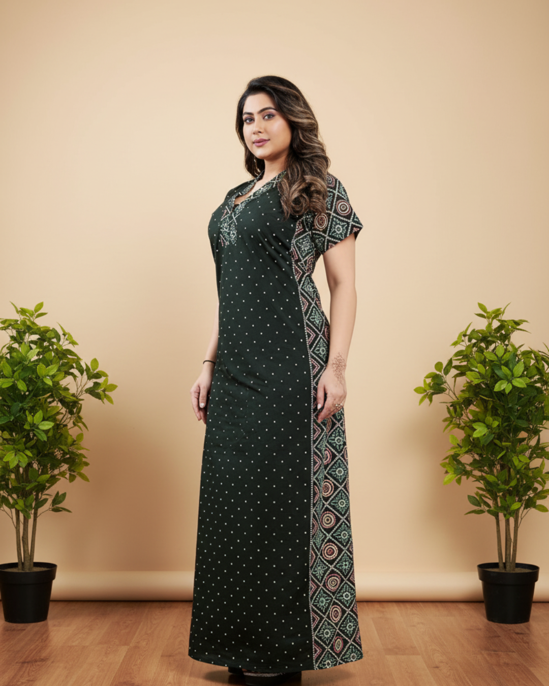 Zairra Women Cotton Nighty – Deep Green with Ethnic Border & Yoke - Breathable Pull-On Maxi Nightdress