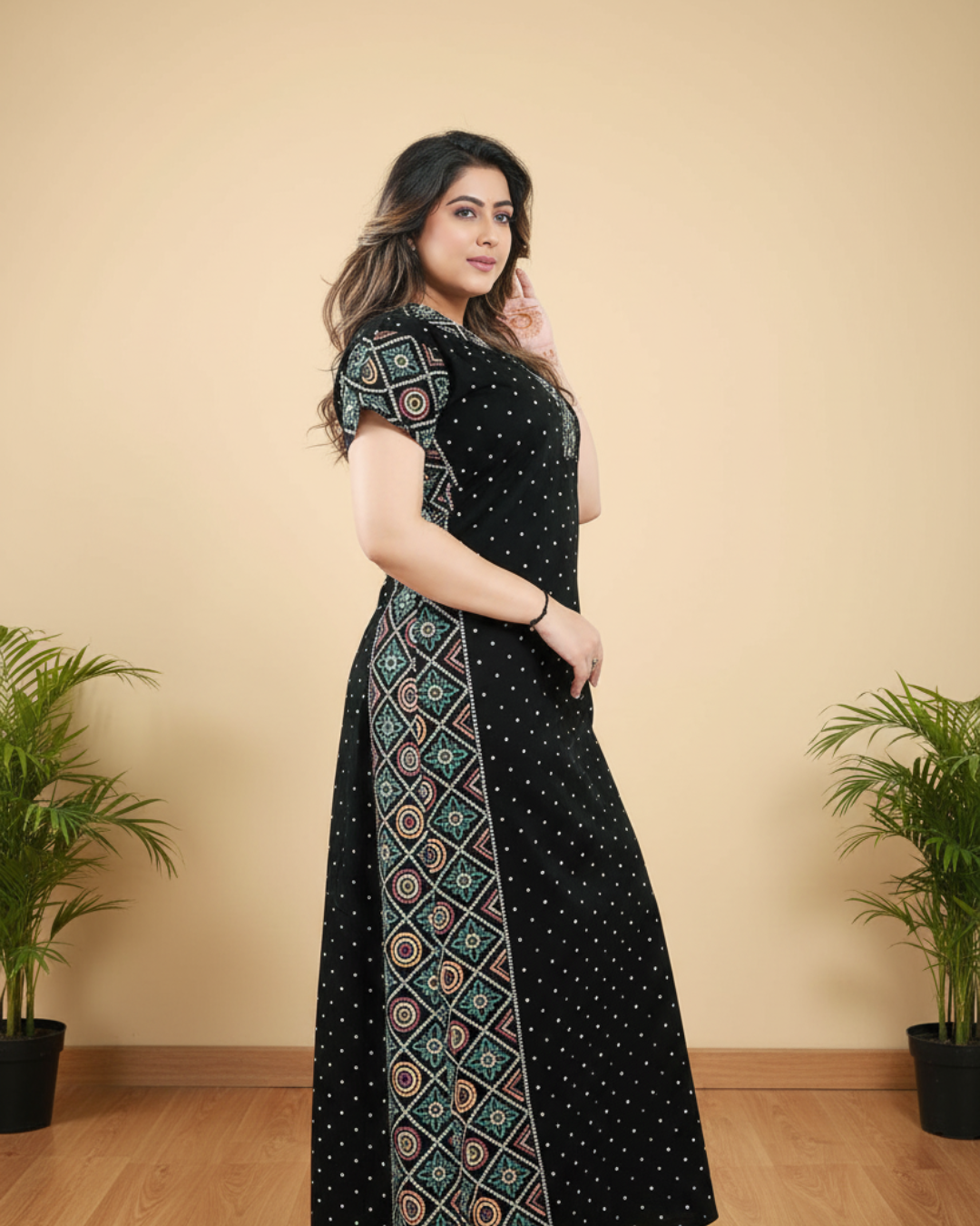 Zairra Women Cotton Nighty – Deep Green with Ethnic Border & Yoke - Breathable Pull-On Maxi Nightdress