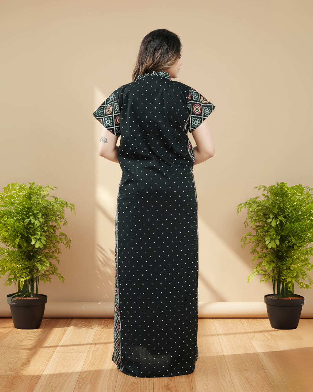 Zairra Women Cotton Nighty – Deep Green with Ethnic Border & Yoke - Breathable Pull-On Maxi Nightdress