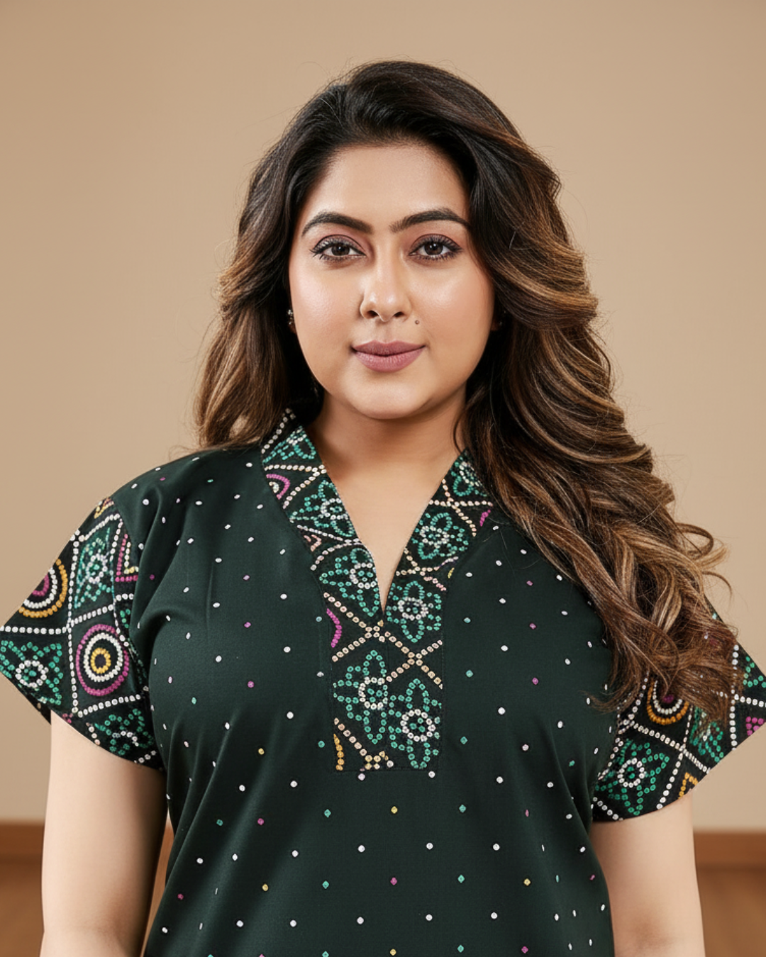 Zairra Women Cotton Nighty – Deep Green with Ethnic Border & Yoke - Breathable Pull-On Maxi Nightdress